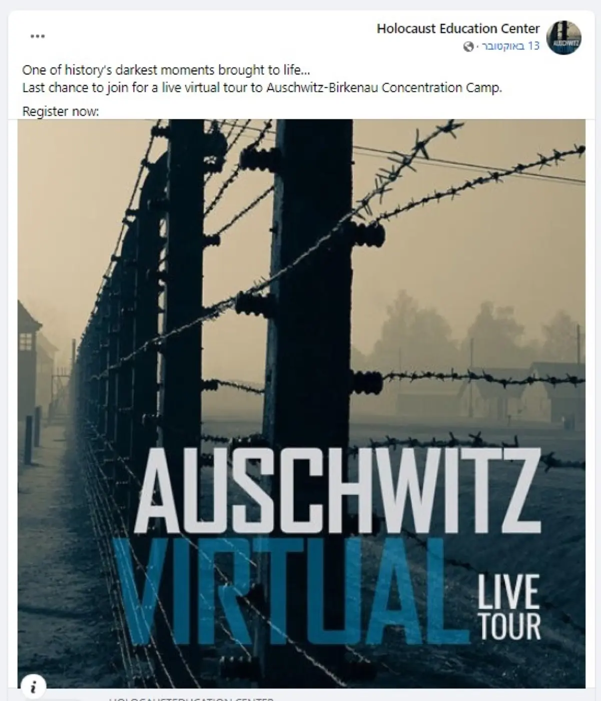 JCC Arizona — Facebook post for the Auschwitz Virtual Live Tour